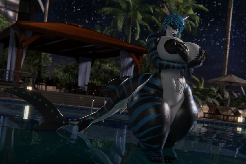 abs anthro areola big_breasts black_areola black_nipples blue_hair breasts claws female genitals hair hand_on_breast huge_breasts looking_at_viewer multicolored_body night nipples piercing pussy solo swimming_pool tail tattoo thick_thighs water wide_hips jigjig nika_sharkeh fish marine shark 3:2 3d_(artwork) absurd_res digital_media_(artwork) hi_res