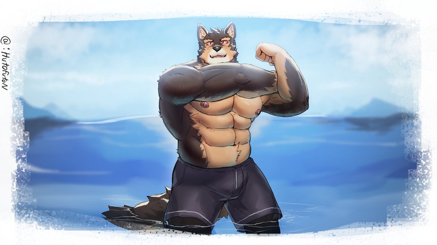 abs anthro biceps blush bottomwear brown_body brown_fur bulge clothing countershading eyebrows flexing fur male muscular muscular_anthro muscular_male nipples partially_submerged pecs shorts solo swimwear thick_eyebrows water huto_futon lifewonders live_a_hero pubraseer canid canine canis domestic_dog mammal 16:9 hi_res widescreen