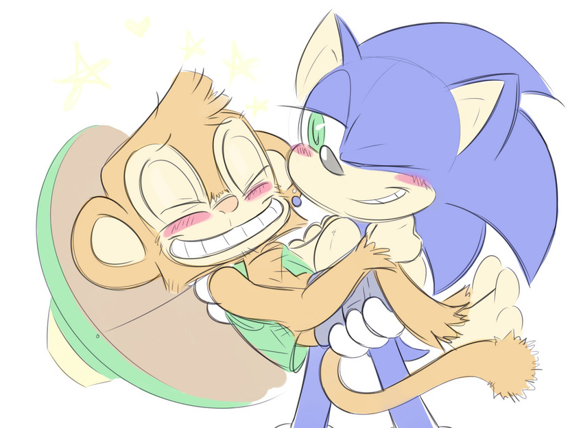 anthro blue_body blush clothing duo eyes_closed green_eyes hat headgear headwear holding_partner male male/male one_eye_closed simple_background smile sombrero white_background wink notfornothin samba_de_amigo sega sonic_the_hedgehog_(series) amigo sonic_the_hedgehog eulipotyphlan haplorhine hedgehog mammal monkey primate 2020 crossover digital_media_(artwork)