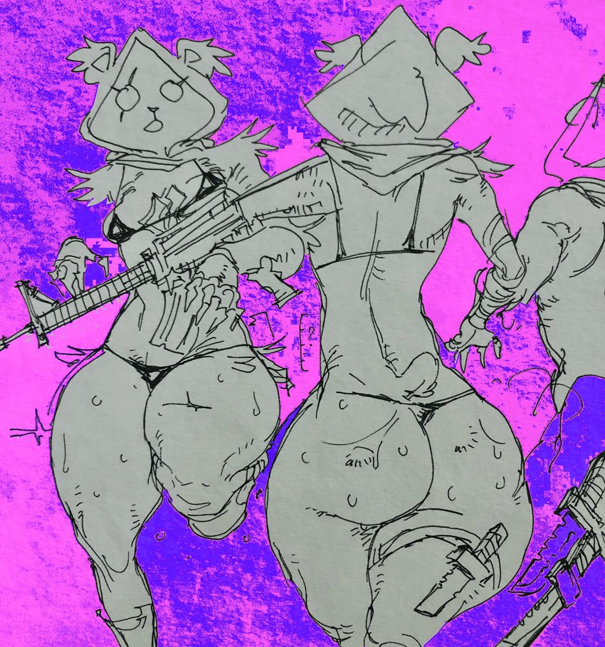 anthro big_butt bikini bodily_fluids butt clothing female gun knife purple_background ranged_weapon rear_view simple_background sweat swimwear thick_thighs two-piece_swimsuit weapon jermgoated epic_games fortnite raven_team_leader hi_res monochrome sketch traditional_media_(artwork)