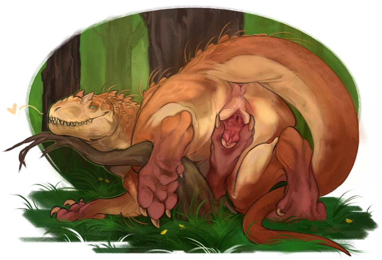 animal_genitalia animal_vulva anus bedroom_eyes branch butt butt_focus claws countershading dewclaw emanata feet female feral flower fog foggy_background forest forest_background genitals geometric_background grass green_eyes hair_strands heart_symbol light_body light_scales looking_at_viewer looking_back lying narrowed_eyes on_front on_ground orange_body orange_scales outside paws plant presenting presenting_hindquarters presenting_vulva ridges scales seductive simple_background smile smirk solo spread_vulva spreading tail teeth tree vaginal vulva yellow_flower skific jurassic_park jurassic_world universal_studios dinosaur indominus_rex prehistoric_species reptile saurischian scalie theropod 2026 colored digital_media_(artwork) digital_painting_(artwork) hi_res painting_(artwork) shaded