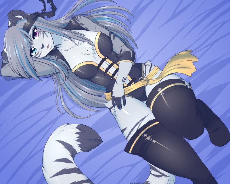 anthro chest_tuft clothing exposure_variation female heterochromia kerchief legwear looking_at_viewer lying on_back open_mouth pirate_outfit solo thick_thighs thigh_highs tuft wide_hips miiyori felid mammal