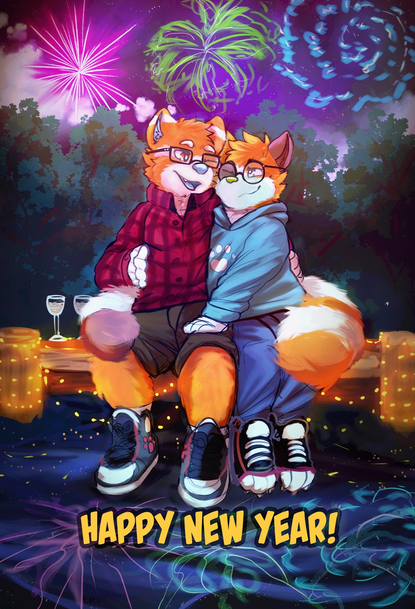 anthro clothed clothing duo fireworks forest fully_clothed lake love male night night_lake pier plant shocked tree water wooden_deck sharkall shockstk ailurid domestic_cat felid feline felis mammal red_panda absurd_res digital_media_(artwork) full-length_portrait hi_res portrait