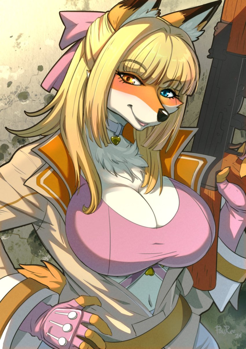 anthro belt big_breasts blonde_hair blush blushing_at_viewer bra breasts buxom cleavage clothed clothed_anthro clothed_female clothing collar female fingerless_gloves gloves gun hair hand_on_hip handwear headgear heart_clothing heart_symbol heterochromia holding_gun holding_object holding_ranged_weapon holding_weapon jacket jacket_vest looking_at_viewer midriff navel ranged_weapon smile smiling_at_viewer solo topwear underwear vest weapon powree combat_cat_studio wild_assault akai_hime_(wild_assault) canid canine fox mammal 2024 hi_res signature