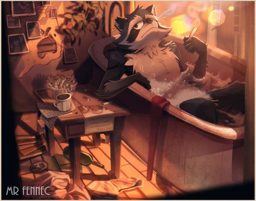 anthro bathtub biped container cup detailed_background humanoid_hands inside mug smoking solo text water srfennec tails_noir howard_lotor mammal procyonid raccoon 2022 english_text hi_res