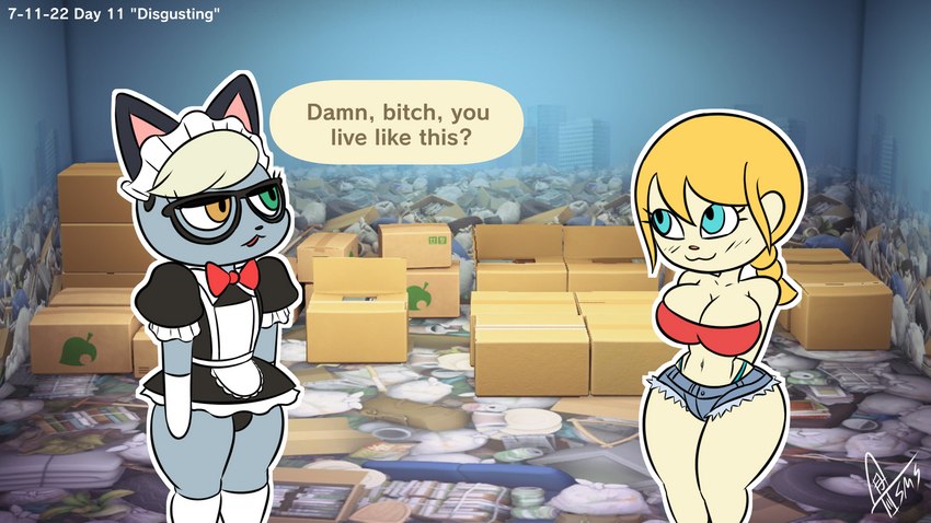 anthro big_breasts blonde_hair bottomwear bow_tie breasts clothed clothing crossdressing duo eyewear female fur glasses gloves grey_body grey_fur hair handwear heterochromia hotpants humor maid_apron maid_hat maid_uniform male profanity shorts smile speech_bubble text topwear tube_top uniform supermoonshroom animal_crossing damn_bitch_you_live_like_this nintendo raymond_(animal_crossing) villager_(animal_crossing) domestic_cat felid feline felis human mammal 16:9 2022 english_text hi_res meme watermark widescreen