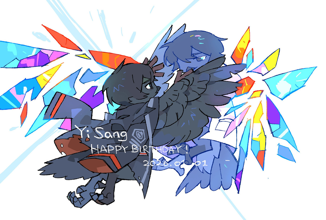 4_toes alternate_self ambiguous_gender anthro anthrofied avian_feet birthdate black_body black_eyebrows black_eyes black_feathers black_hair blue_body blue_feathers clothing coat coat_cape duo eye_contact eyebrows feathers feet hair lab_coat looking_at_another shattered_glass simple_background text toes topwear white_background winged_arms wings kgdjeisk limbus_company project_moon yi_sang_(limbus_company) avian bird corvid corvus_(genus) crow oscine passerine 2026 character_name dated english_text hi_res widescreen male_(lore)