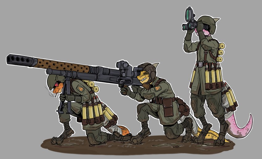 aiming anthro anti-tank_gun armor belt binoculars boots cigarette clothing digitigrade digitigrade_footwear footwear furgonomic_footwear furgonomics gloves group gun handwear headgear helmet horn knee_pads kneeling male military mud orange_body orange_scales pink_body pink_scales ranged_weapon scales shell_(projectile) shoes tail tail_wraps trio tripod uniform weapon wraps yellow_body yellow_scales hungrydazzle kobold scalie 2024 absurd_res hi_res