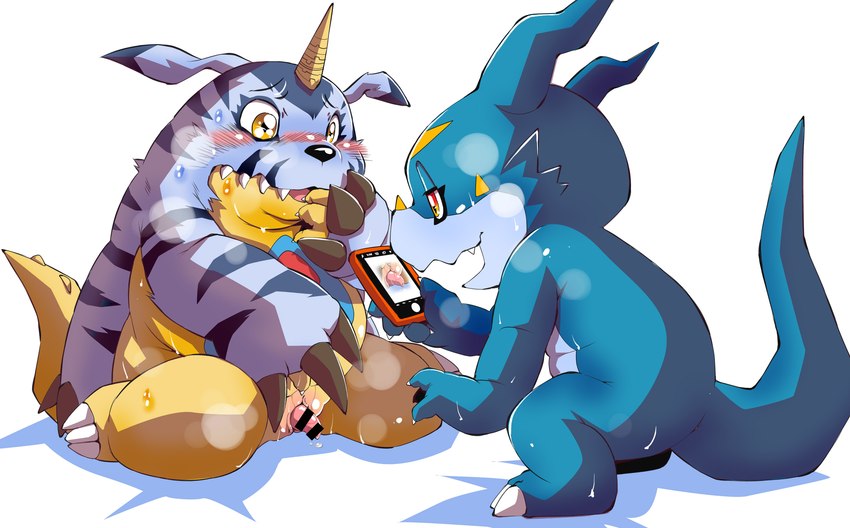 anthro belly blush bodily_fluids cellphone cloacal_penis duo electronics embarrassed genital_fluids genitals male male/male nude penis phone photographing_another precum slightly_chubby smartphone tapering_penis chibineco bandai_namco digimon digimon_(species) gabumon veemon censored hi_res