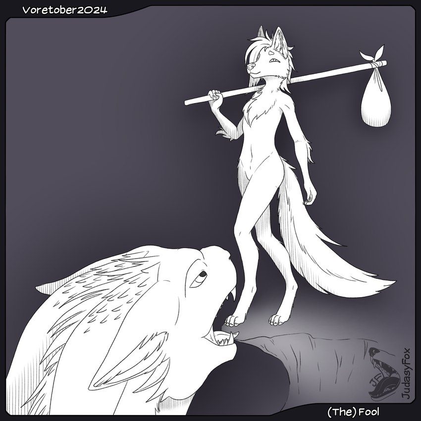 card imminent_vore major_arcana open_mouth tarot tarot_card the_fool_(tarot) judasyfox mythology voretober judasy_(judasyfox) canid canine dragon fox mammal mythological_creature mythological_scalie scalie 1:1 absurd_res greyscale hi_res monochrome