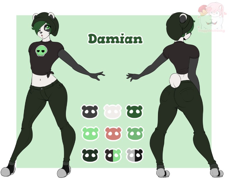 5_fingers ambiguous_gender anthro beanie biped butt butt_pose clothed clothing femboy fingers green_hair hair hat headgear headwear long_hair male multiple_angles pose solo standing huggablehusky bear giant_panda mammal damian_(disambiguation) 5:4 character_name digital_media_(artwork) flat_colors model_sheet