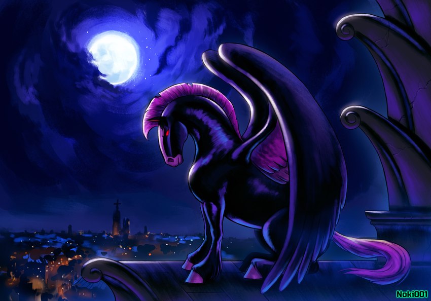 ambiguous_gender black_body black_fur building cloud feathers feral fur hooves mane moon night purple_body purple_feathers purple_hooves purple_mane purple_tail red_eyes sitting solo star tail wings noki001 disney fantasia mythology father_pegasus_(fantasia) equid equine mammal mythological_creature mythological_equine pegasus hi_res