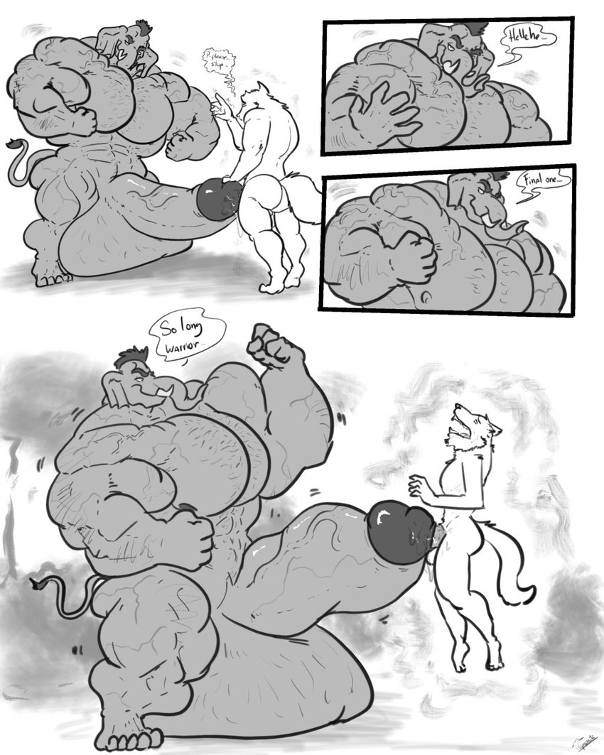 anthro attribute_theft balls big_balls big_biceps big_muscles big_pecs dialogue draining duo furgonomics furry-specific_piercing genitals growth huge_balls huge_muscles huge_pecs hyper hyper_balls hyper_genitalia hyper_muscles hyper_pecs male male/male mohawk muscle_growth muscle_theft muscular muscular_anthro muscular_arms muscular_male pecs penetration penile penile_penetration penis penis_in_penis piercing shrinking size_difference size_transformation text thick_thighs transformation urethral urethral_penetration vain weak uniparasite xythan_(character) canid canine canis elephant elephantid mammal proboscidean wolf 4:5 comic digital_drawing_(artwork) digital_media_(artwork) english_text hi_res