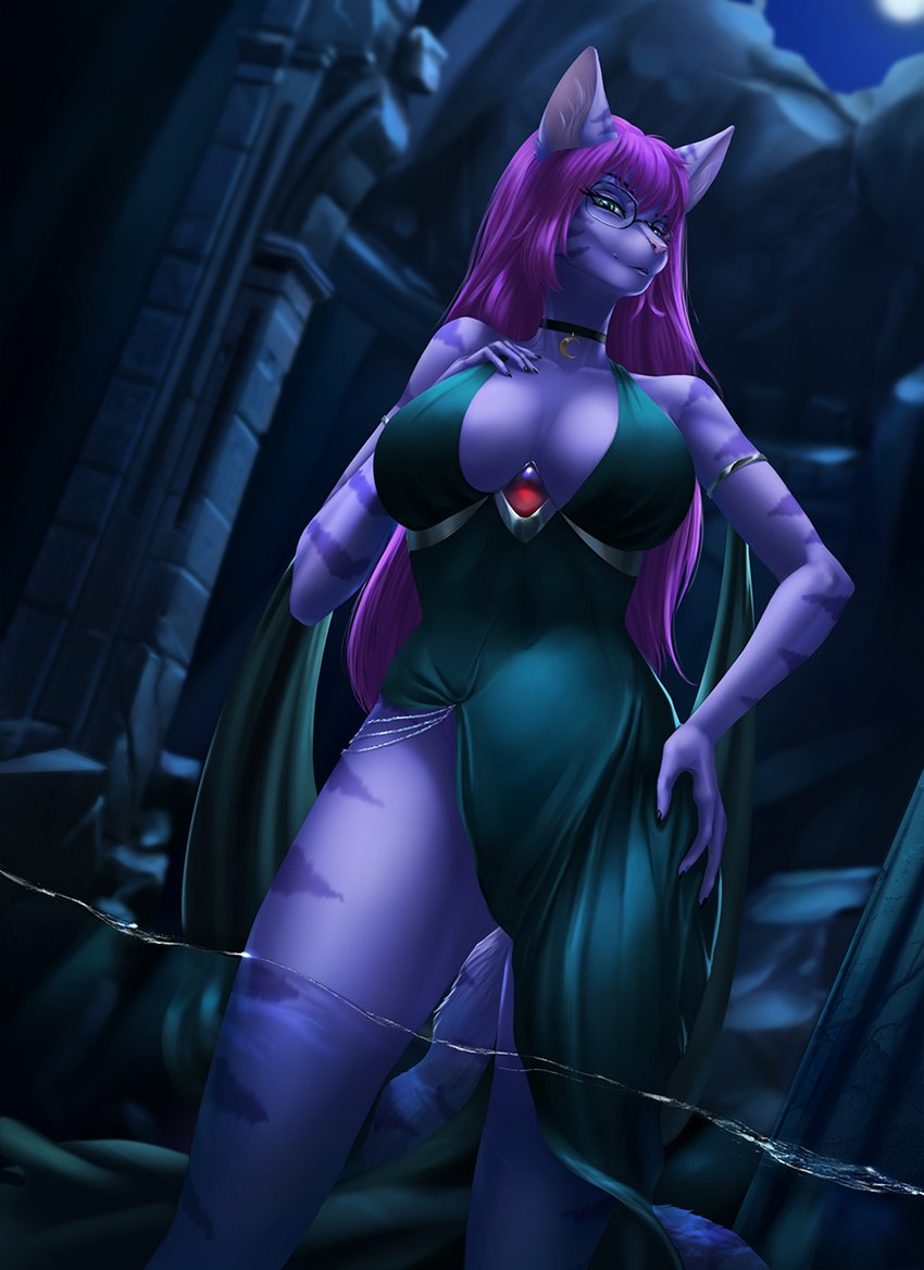 anthro breasts clothed clothing detailed_background dress eyebrows eyelashes eyewear female fur glasses hair night outside purple_body purple_fur purple_hair smile solo elvofirida darkwitchclaire domestic_cat felid feline felis mammal 2023 digital_media_(artwork) hi_res