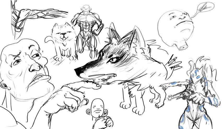 anatomy anthro female feral gesture group hand_gesture holding_object holding_weapon male muscular muscular_male nude pointing weapon olimis league_of_legends riot_games tencent kindred_(lol) lamb_(lol) wolf_(lol) canid canine canis domestic_dog human mammal wolf absurd_res hi_res sketch_page