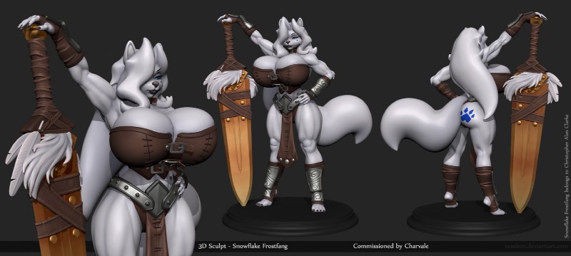 anthro barbarian big_breasts bottomwear breasts butt clothing collar feathers female grey_background hair hair_over_eye huge_breasts leather loincloth long_hair markings melee_weapon mole_(marking) muscular muscular_anthro muscular_female one_eye_obstructed simple_background solo sword tattoo tribal warrior weapon wide_hips texelion snowflake_frostfang canid canine dire_wolf mammal prehistoric_species 2015 3d_(artwork) digital_media_(artwork) hi_res