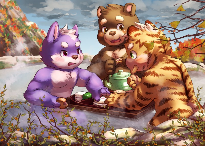 annoyed anthro blush butt cute_fangs day eating eye_contact fangs group hot_spring landscape looking_at_another male nude om_nom_nom outside sitting sky slightly_chubby teapot teeth water young young_anthro lilinfeng bear canid canine canis felid mammal pantherine tiger wolf hi_res