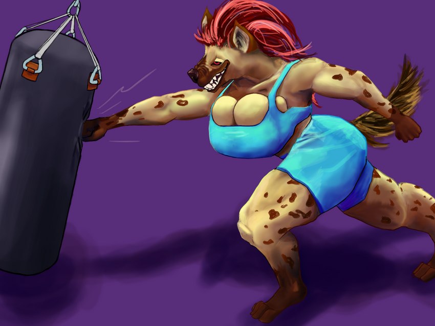 anthro big_breasts breasts cleavage cleavage_overflow clothed clothing female muscular muscular_female punch punching_bag solo teeth tight_clothing analog_raccoon hyena mammal spotted_hyena 4:3