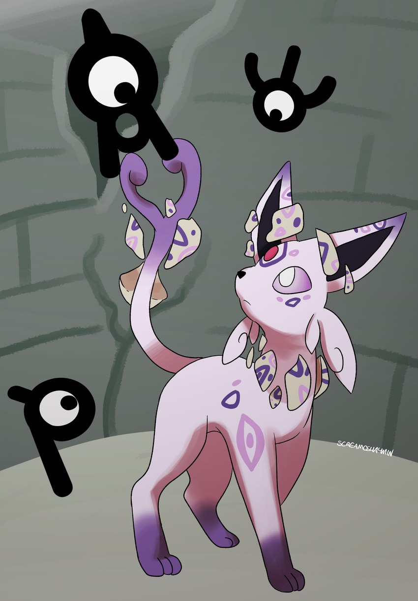 1_eye ambiguous_gender feral group ruins simple_background text screamoshaymin nintendo pokemon canid eeveelution espeon eye_creature generation_2_pokemon generation_8_pokemon letter_creature mammal pokemon_(species) runerigus unown_(pokemon) unown_a unown_p unown_w absurd_res character_cipher english_text hi_res translated unown_text