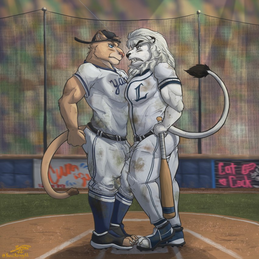 anthro argument backwards_baseball_cap backwards_hat bared_teeth baseball_(sport) baseball_base baseball_bat baseball_cap baseball_field baseball_uniform bat_(object) belt black_eyes black_nose blue_eyes bulge bulge_frottage butt cleats clothed clothing duo flexing footwear fully_clothed fur glare grass hand_on_hip hat headgear headwear male male/male mascot muscular muscular_male paw_shoes pecs pecs_touching pink_nose plant public raised_tail shoes sport sportswear stained_clothing tail tan_body tan_fur tight_clothing uniform white_body white_fur yannirosegold mexican_pacific_league nippon_professional_baseball saitama_seibu_lions yaco_puma_striptease yaquis_de_obregon leo_(saitama_seibu_lions) yaco_puma cougar felid feline lion mammal pantherine 1:1 adobe_photoshop_(artwork) digital_media_(artwork) hi_res