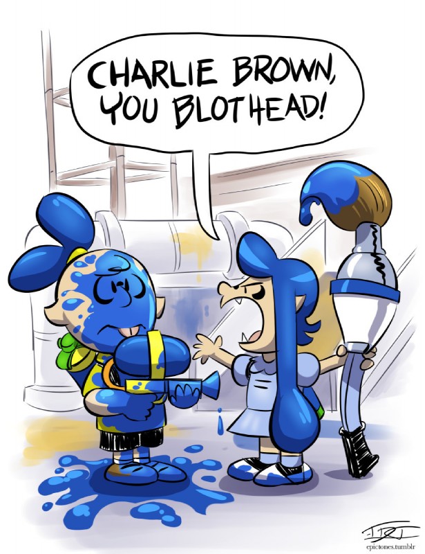 blue_hair brush dialogue duo fangs female gun hair holding_gun holding_object holding_ranged_weapon holding_weapon humor inkbrush male paintbrush parody pseudo_hair ranged_weapon speech_bubble splattershot style_emulation teeth tentacle_hair tentacles text weapon hardtones nintendo peanuts_(comic) splatoon charlie_brown lucy_van_pelt animal_humanoid cephalopod cephalopod_humanoid humanoid inkling marine marine_humanoid mollusk mollusk_humanoid crossover english_text hi_res