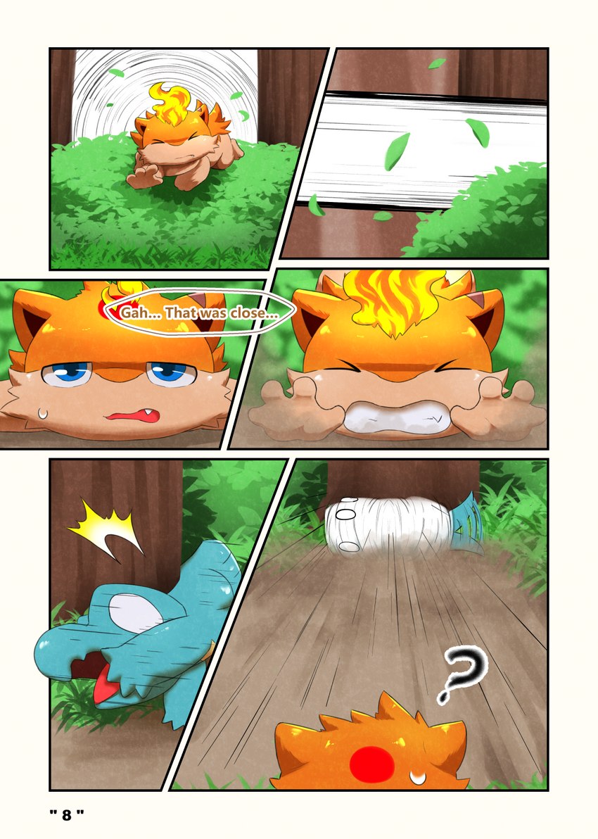 dialogue fire forest male plant speech_bubble text tree darrow0 nintendo pokemon pol_(darrow) yuel generation_2_pokemon pokemon_(species) quilava totodile comic english_text hi_res