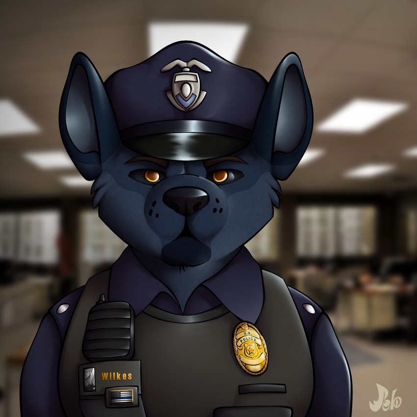 american_flag anthro clothing electronics flag male maveryk office police police_badge police_hat police_uniform radio solo uniform united_states_of_america yellow_eyes jebbthefoxy hyena mammal 1:1 hi_res