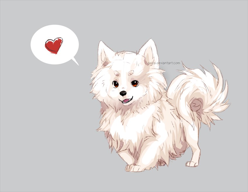 ambiguous_gender black_nose brown_eyes feet feral fluffy fur grey_background heart_symbol open_mouth open_smile paws quadruped simple_background smile solo speech_bubble standing teeth text white_body white_fur azzai canid canine canis domestic_dog mammal spitz 2017 digital_drawing_(artwork) digital_media_(artwork) pictographics shaded url watermark