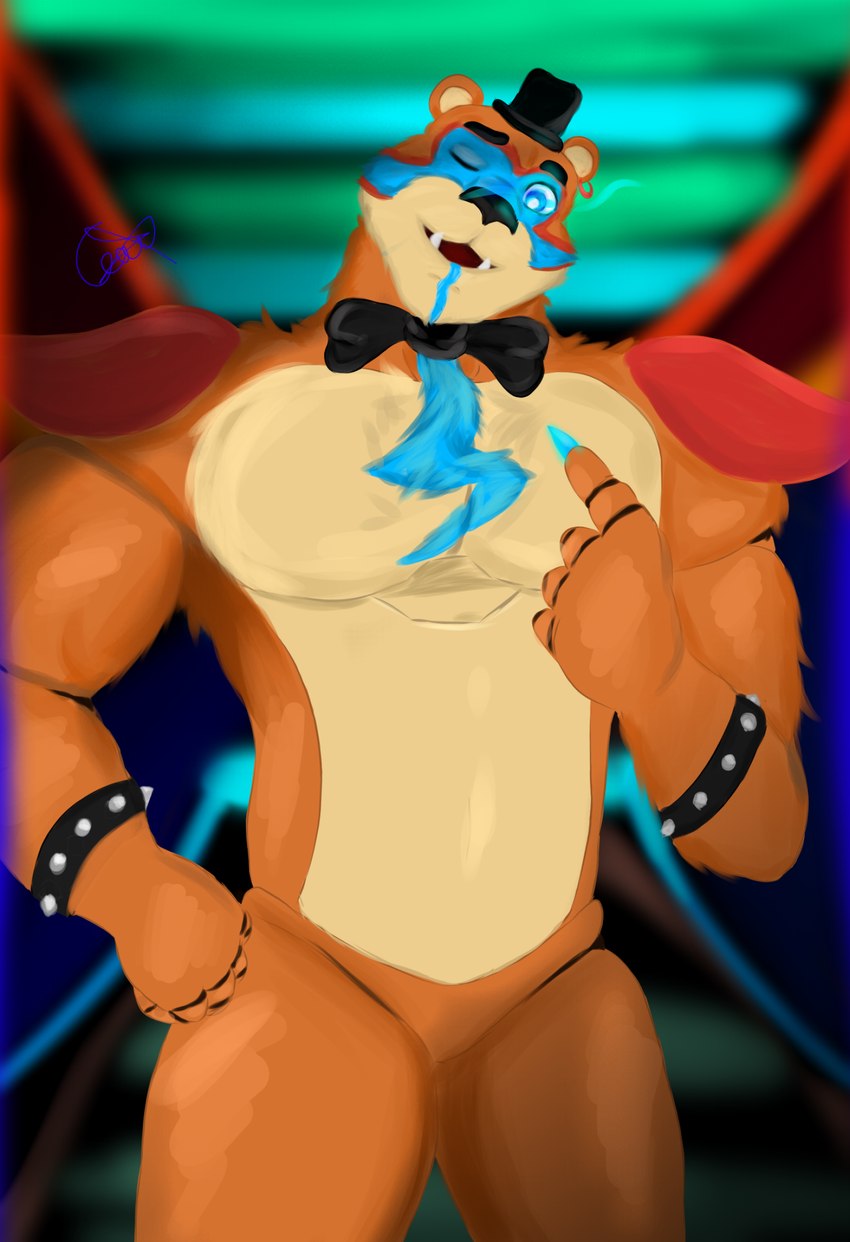 black_bow_tie blue_eyes bow_tie bracelet clothing featureless_crotch gesture hand_gesture hand_on_hip hat headgear headwear jewelry machine male pointing pointing_at_self solo top_hat gaek oso five_nights_at_freddy's five_nights_at_freddy's:_security_breach scottgames steel_wool_studios glamrock_freddy bear mammal robot 2022 hi_res