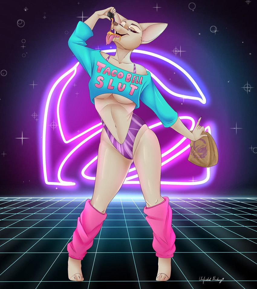 80's_theme anthro breasts cheese clothed clothing crop_top dairy_products eating fast_food female food food_fetish leg_warmers legwear looking_at_viewer mascot narrowed_eyes product_placement shirt solo squint suggestive suggestive_food synthwave text text_on_clothing text_on_shirt text_on_topwear tongue tongue_out topwear under_boob unfinishedheckery taco_bell gidget_(taco_bell) canid canine canis chihuahua domestic_dog mammal toy_dog 2019 absurd_res english_text full-length_portrait hi_res portrait