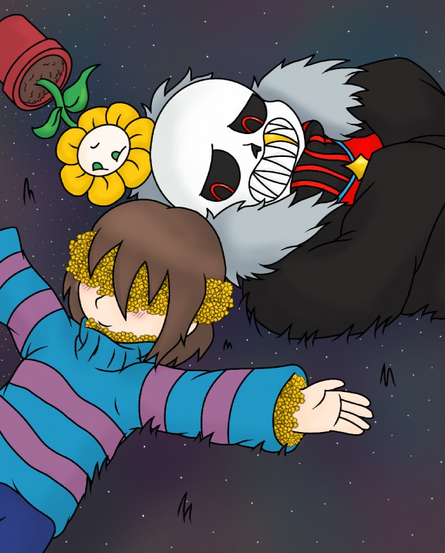 alternate_universe ambiguous_gender black_eyes blush bone brown_hair clothed clothing covering covering_eyes covering_face flower green_eyes group hair lying male not_furry on_back plant sad sharp_teeth skeleton smile teeth jolliapplegirl underfell undertale undertale_(series) flowey_the_flower frisk_(undertale) sans_(underfell) animated_skeleton elemental_creature flora_fauna flower_creature human mammal undead digital_media_(artwork) hi_res