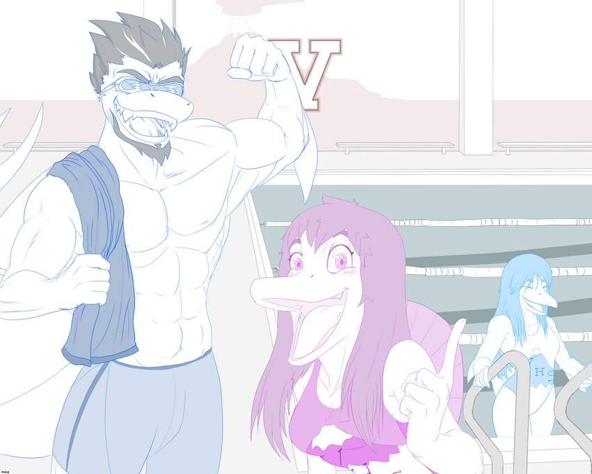 anthro blue_hair clothed clothing eyewear facial_hair female flexing glasses group hair looking_at_viewer male muscular muscular_male open_mouth purple_eyes purple_hair sharp_teeth swimming_pool teeth tongue towel towel_on_shoulder trio wet_hair protonmono cavemanon_studios goodbye_volcano_high snoot_game aurora_(gvh) chadshark_(snoot_game) rosemary_(snoot_game) dinosaur fish marine prehistoric_species reptile scalie shark spinosaurid spinosaurus theropod 5:4 absurd_res hi_res sketch