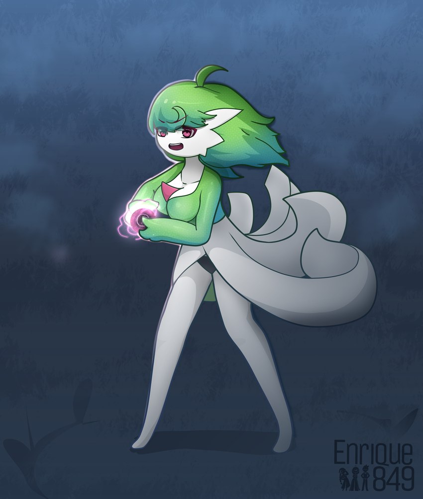 ahoge attack blue_background breasts detailed_background energy_ball female green_hair hair looking_at_viewer not_furry open_mouth pokemon_move red_eyes shadow_ball simple_background solo enrique849 nintendo pokemon ailin_gardevoir gardevoir generation_3_pokemon pokemon_(species) 2022 absurd_res hi_res