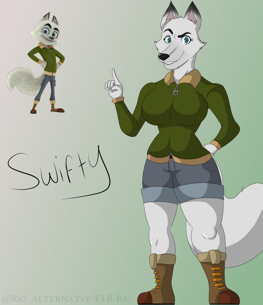 anthro boots bottomwear breasts clothing crossgender eyelashes female footwear fur green_eyes jacket looking_at_viewer shoes shorts solo topwear klr-rio arctic_dogs swifty_(arctic_dogs) arctic_fox canid canine fox mammal true_fox absurd_res digital_media_(artwork) hi_res