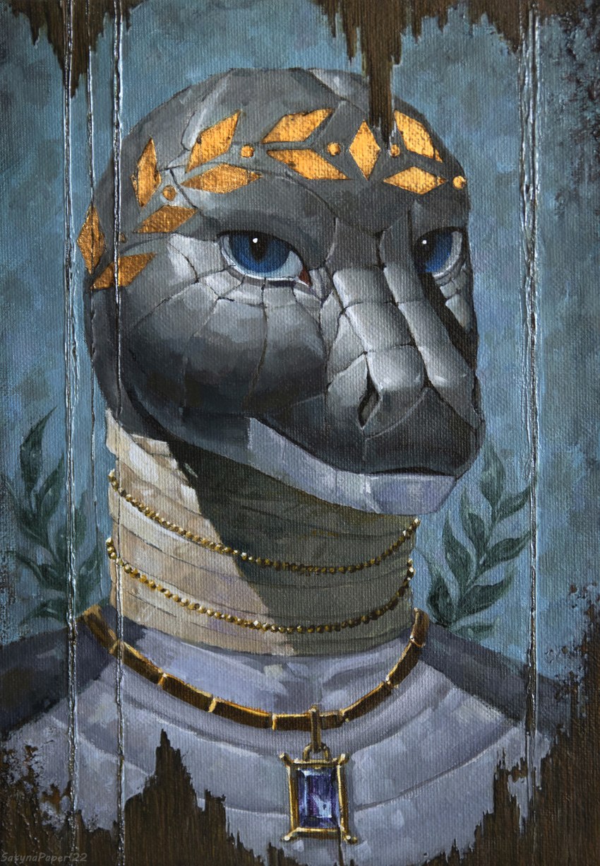 anthro blue_eyes crown egyptian gem gold_(metal) gold_jewelry greek grey_body headgear jewelry laurel_wreath looking_at_viewer male pharaoh royalty solo style_emulation wrappings satynapaper ptolemy_xii black_mamba elapid_(snake) mamba reptile scalie snake 2022 bust_portrait hi_res inspired_by_formal_art oil_painting_(artwork) painting_(artwork) portrait traditional_media_(artwork)