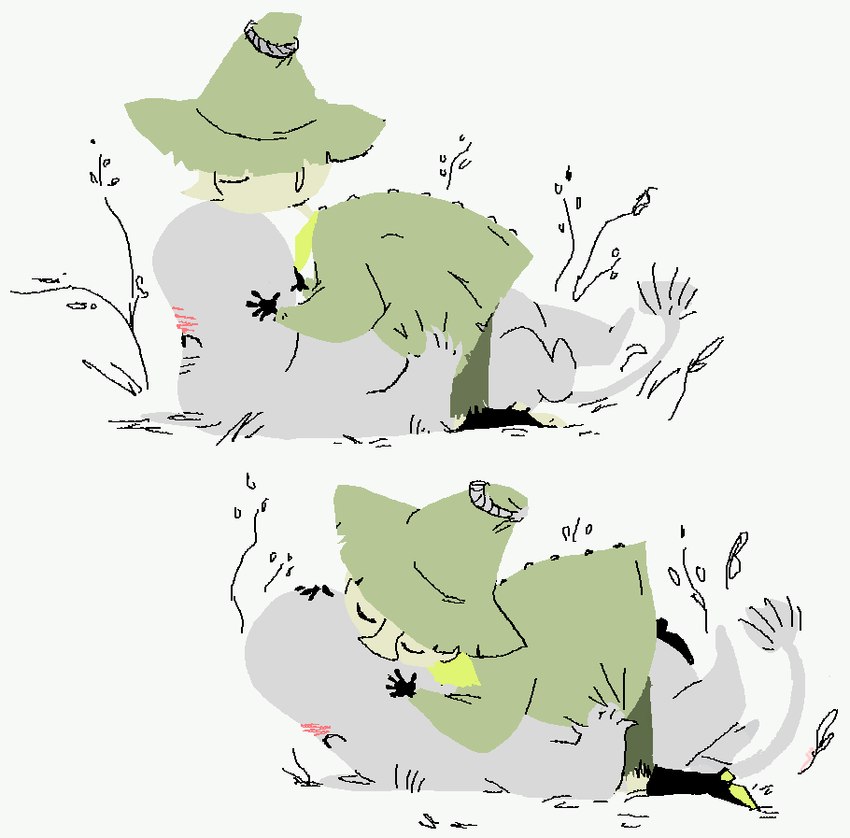 blush clothing duo green_clothing green_hat green_headwear green_robe hat headgear headwear interspecies kissing lying male male/male on_back robe 2n2n the_moomins moomintroll snufkin human mammal moomin 2015 aliasing digital_media_(artwork) lineless