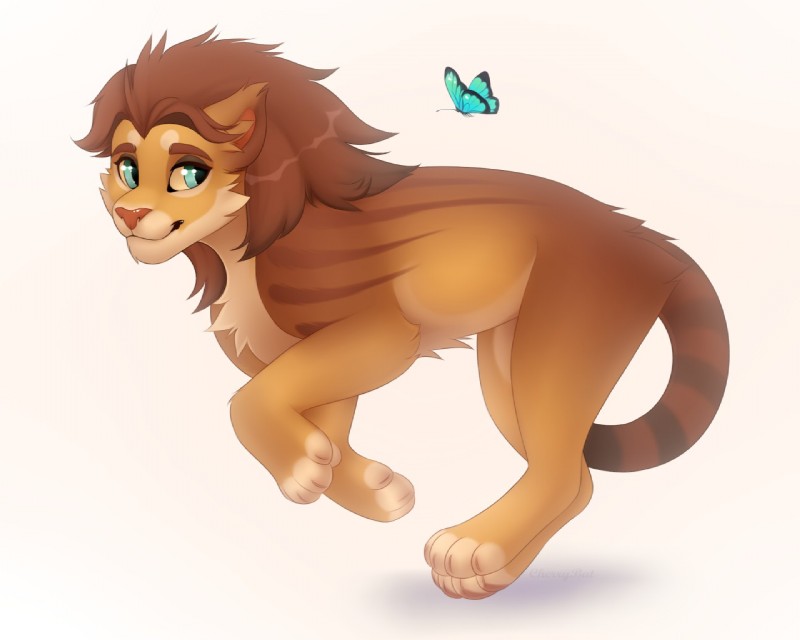 ambiguous_gender blue_eyes brown_hair duo feral hair male paws simple_background white_background yana-r arthropod butterfly felid insect lepidopteran lion mammal pantherine 2019 5:4 digital_media_(artwork)