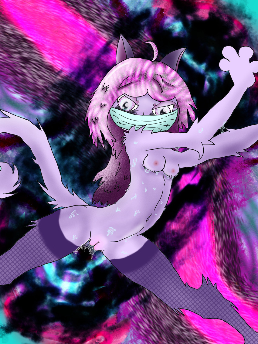 abstract_background amathyst(gallium) anthro bodily_fluids breasts clothing dripping_vulva eye_bags eyeliner female fishnet_clothing fishnet_legwear fishnet_thigh_highs gallimancer(artist) legwear makeup mask purple_body skinny small_breasts sparkles sparkling_eyes sweat sweaty_body tail thigh_highs wearing_mask domestic_cat felid feline felis mammal absurd_res hi_res