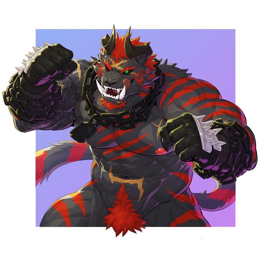 2_horns abdominal_scar abs anthro biceps black_clothing black_gloves black_handwear black_sclera chain chain_necklace chest_scar clothing deltoids eye_scar facial_hair facial_scar forehead_scar fur gloves goatee green_eyes hair handwear horn jewelry licking licking_lips lock male navel necklace nipples padlock pecs pubes red_hair red_stripes scar solo spiked_gloves spikes striped_body striped_fur stripes tongue x_scar peapeafur felid mammal pantherine tiger 1:1 2024 absurd_res hi_res