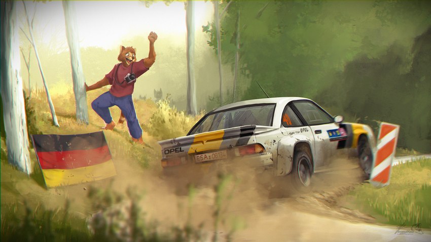 action_scene anthro athletic athletic_anthro athletic_male black_lips bottomwear brown_body brown_eyes brown_fur brown_nose camera camera_around_neck car cheek_tuft cheering chromatic_aberration clothing day denim denim_bottomwear denim_clothing depth_of_field dirt dust dutch_angle facial_tuft fist flag forest fur german_flag grass hand_on_tree happy jeans lips logo male markings motion_blur motorsports multicolored_body multicolored_fur open_mouth outside pants plant race_car rally_(sport) rally_car ring_(marking) ringed_tail sharp_teeth shirt shrub smile solo standing striped_markings striped_tail stripes tail tail_markings tan_body tan_fur teeth tongue topwear tree tuft two_tone_body two_tone_fur vehicle vignette the_raf opel opel_manta werther domestic_ferret mammal mustelid musteline true_musteline weasel 2025 artist_logo artist_name detailed hi_res shaded signature story story_in_description