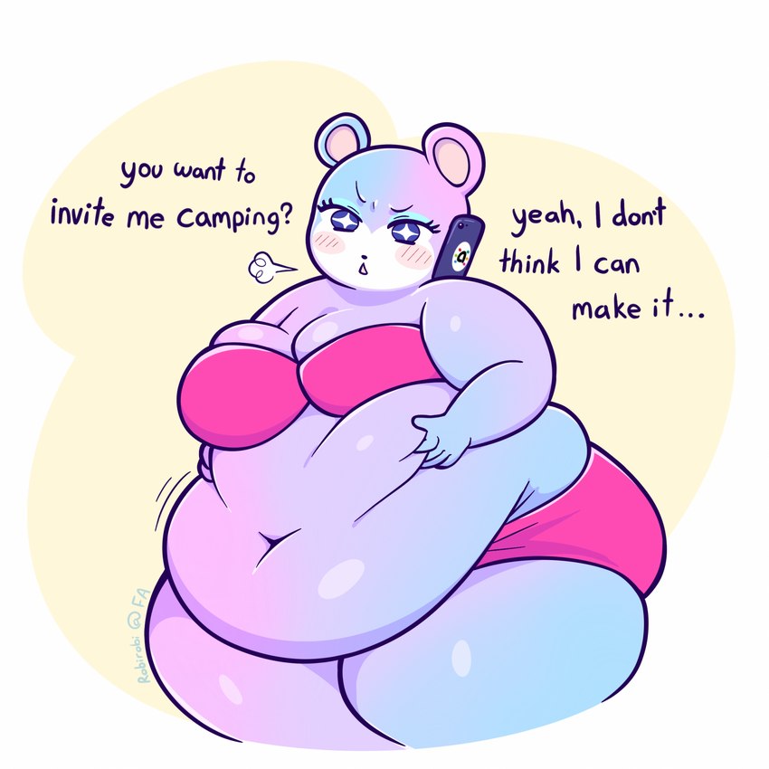 anthro belly belly_grab belly_overhang big_belly big_breasts blue_body blue_fur bra breasts cellphone clothed clothing electronics female fur gradient_fur huge_thighs muffin_top multicolored_body multicolored_fur obese obese_anthro obese_female on_phone overweight overweight_anthro overweight_female panties phone pink_body pink_fur purple_body purple_fur solo sparkles sparkling_eyes text thick_thighs underwear underwear_only robirobi animal_crossing nintendo judy_(animal_crossing) bear mammal 1:1 2024 digital_drawing_(artwork) digital_media_(artwork) english_text hi_res