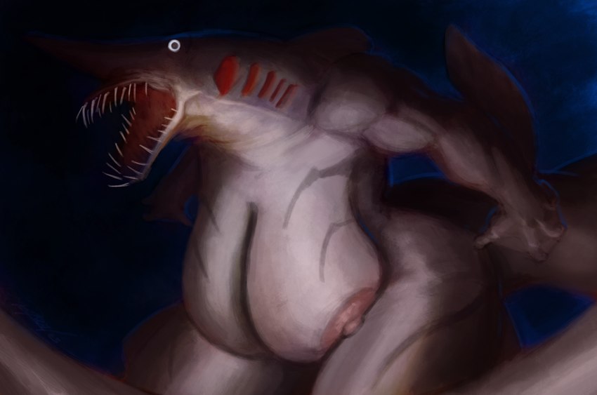 areola big_areola big_breasts big_butt breasts butt female gills huge_breasts membrane_(anatomy) muscular muscular_female nipples non-mammal_breasts non-mammal_nipples open_mouth overweight sharp_teeth solo tail teeth thick_tail thick_thighs webbed_hands white_eyes rayoutofspace fish goblin_shark mackerel_shark marine mitsukurinid shark absurd_res digital_media_(artwork) hi_res portrait shaded three-quarter_portrait