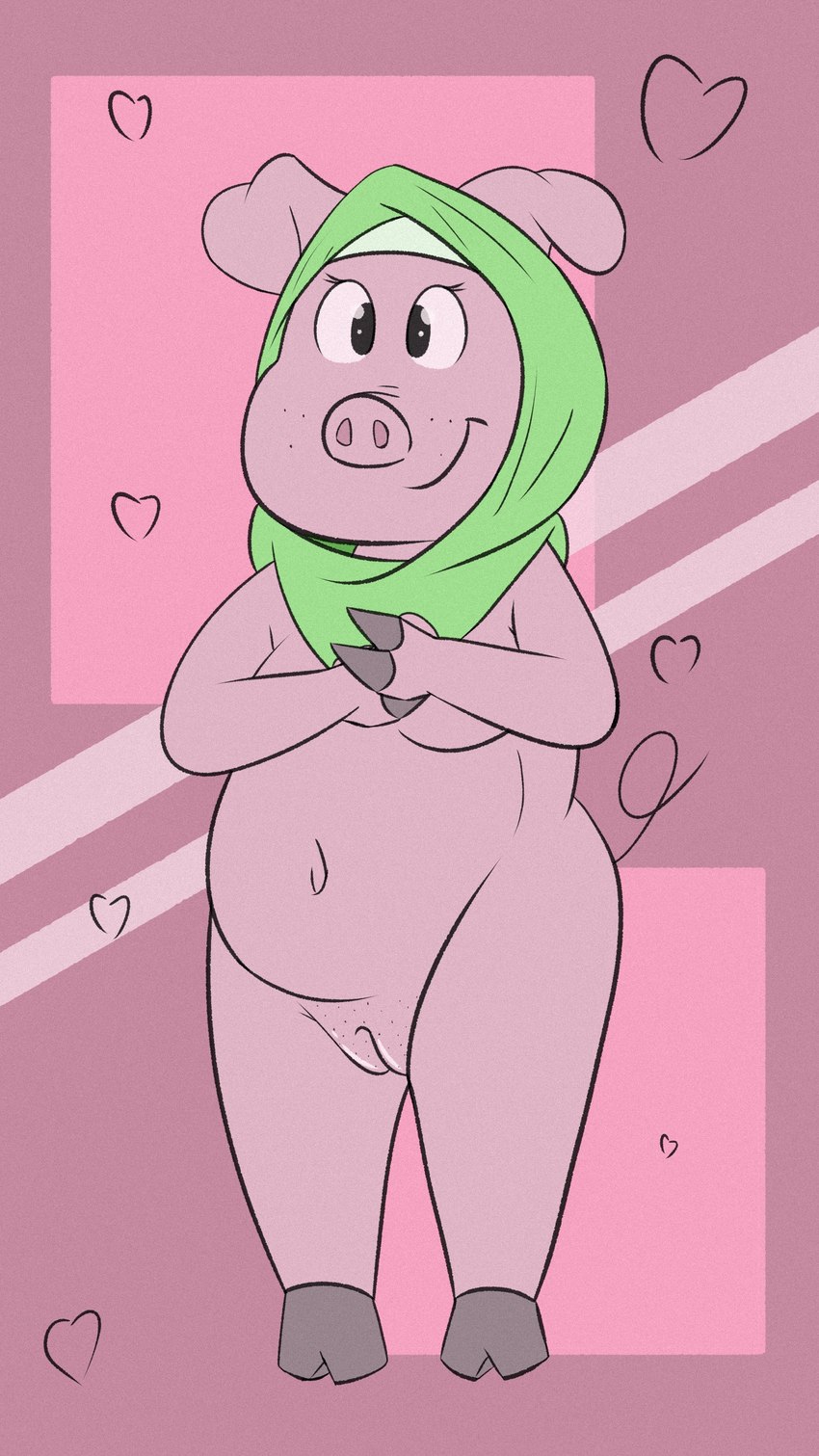 anthro black_eyes breasts clothing curled_tail eyelashes female floppy_ears freckles genitals green_clothing green_headwear headgear headscarf headwear heart_symbol hijab hooves humanoid_genitalia humanoid_pussy innie_pussy islamic mostly_nude navel pink_background pink_body pink_skin pussy religion religious_clothing religious_headwear simple_background slightly_chubby slightly_chubby_female smile snout solo standing tail soggygoat domestic_pig mammal suid suine sus_(pig) 2023 9:16 absurd_res hi_res