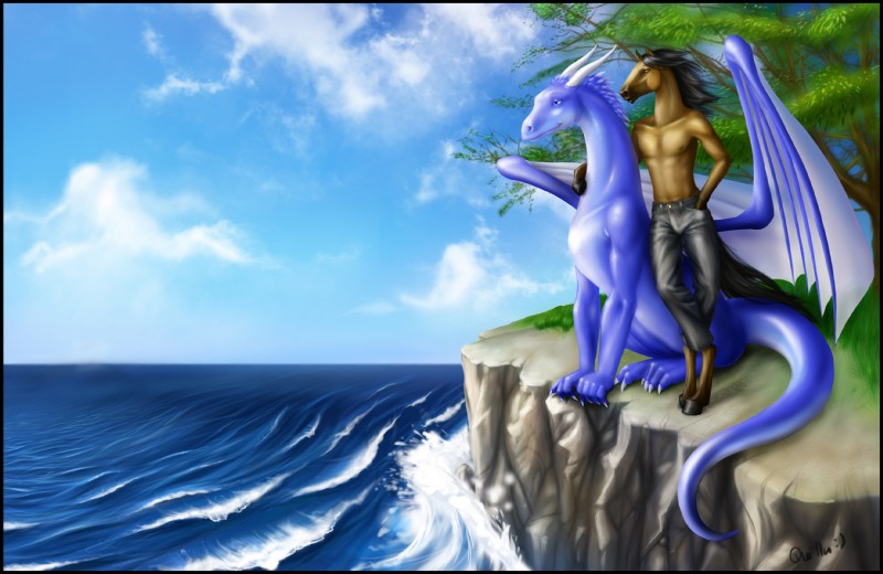 anthro blue_body blue_eyes bottomwear clothing denim denim_bottomwear denim_clothing duo feral hooves horn jeans male mane membrane_(anatomy) membranous_wings pants tail water wings quillu mythology blakdragon jadoube dragon equid equine horse mammal mythological_creature mythological_scalie scalie digital_media_(artwork) hi_res