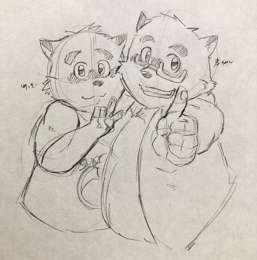 anthro duo eyewear glasses hug humanoid_hands kemono male slightly_chubby text young hotate_shokusu morenatsu kounosuke_(morenatsu) yukiharu_kuri canid canine mammal raccoon_dog tanuki 2021 hi_res japanese_text sketch traditional_media_(artwork) brother_(lore) brothers_(lore) sibling_(lore)