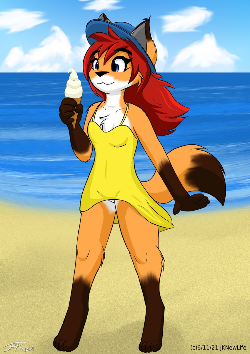 anthro beach clothing dessert dress female food hair ice_cream outside seaside solo sundress jknewlife sara_aria canid canine fox mammal hi_res