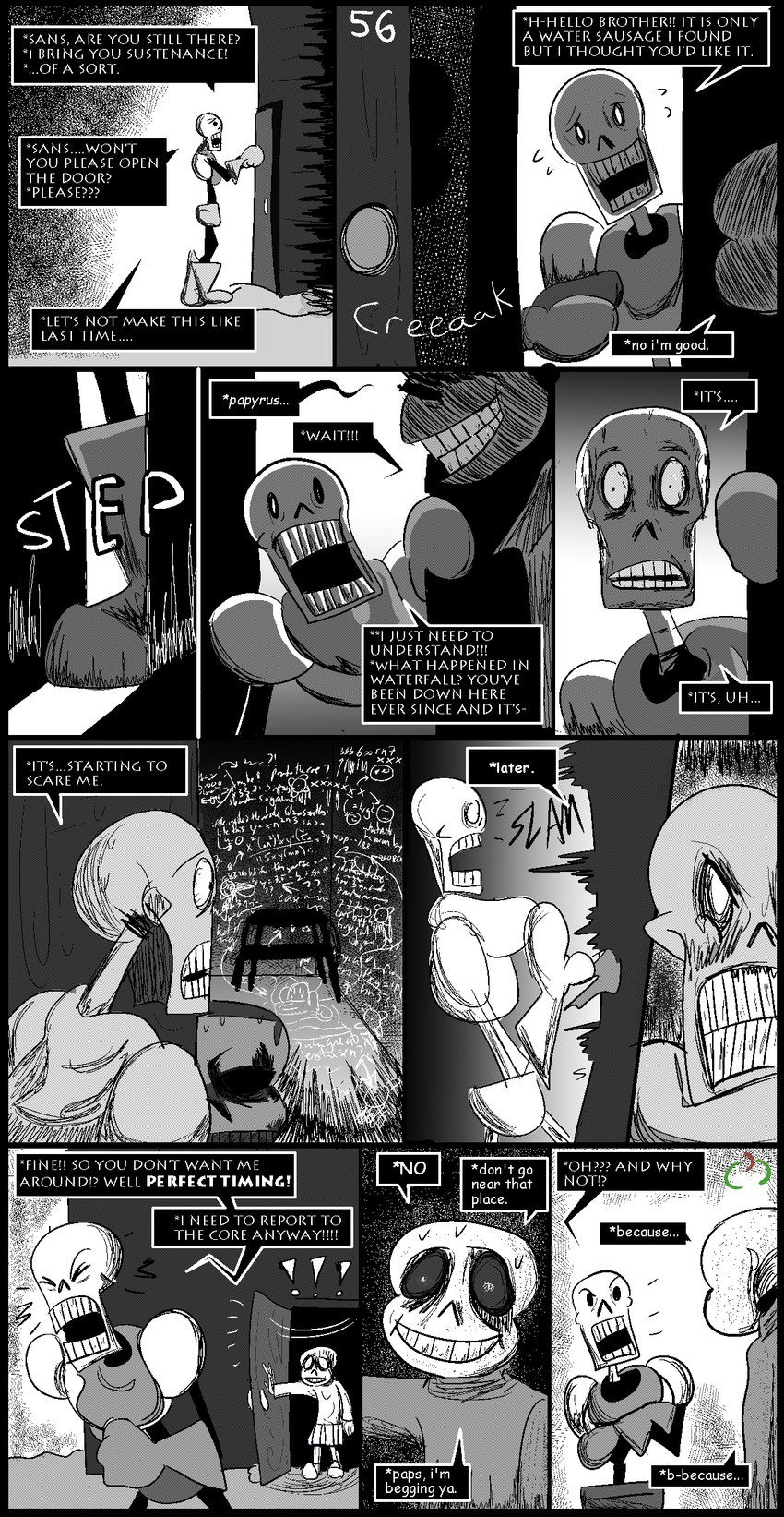 alternate_universe bone clothed clothing dialogue door doorknob duo exclamation_point greeting male open_mouth skeleton speech_bubble teeth text sour-apple-studios horrortale undertale undertale_(series) papyrus_(undertale) sans_(undertale) animated_skeleton boss_monster_(undertale) humanoid undead comic english_text hi_res