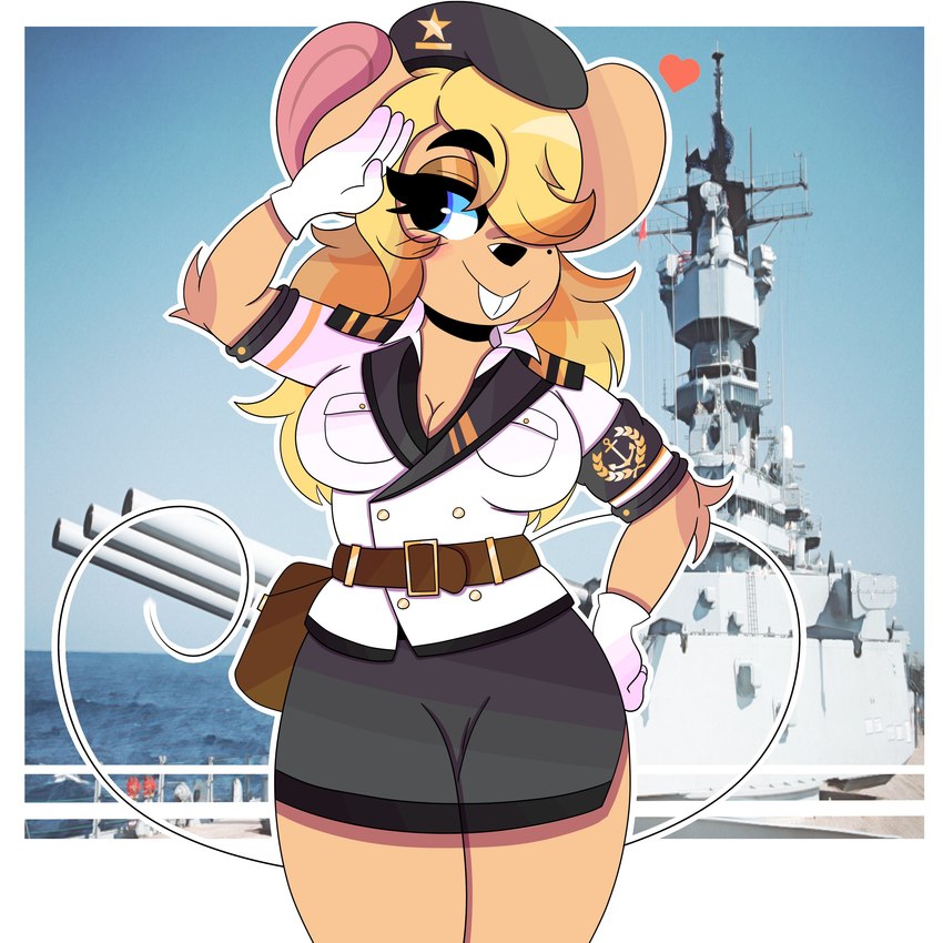 anthro arm_tuft armband belt belt_pouch big_breasts blonde_hair blue_eyes blush breasts buckteeth cheek_tuft clothed clothing elbow_tuft eyebrow_through_hair eyebrows eyelashes facial_tuft female fur gloves hair handwear hat headgear headwear line_tail looking_at_viewer markings mole_(marking) naval_uniform one_eye_obstructed photo_background smile solo tail teeth thin_tail translucent translucent_hair tuft wireless_shiba a.i.m._(game) ela_novabay mammal mouse murid murine rodent 1:1 2020 absurd_res digital_media_(artwork) hi_res photography_(artwork)