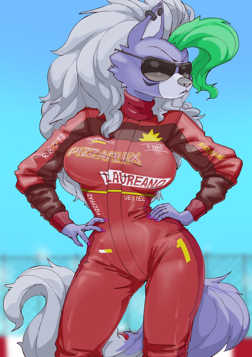 anthro big_breasts breasts clothed clothing colored_nails day ear_piercing ear_ring eyewear female fur hair light nails piercing racing_suit racing_uniform ring_piercing simple_background solo sunglasses sunlight tail laureano five_nights_at_freddy's five_nights_at_freddy's:_security_breach scottgames steel_wool_studios roxanne_wolf canid canine canis mammal wolf 2023 digital_media_(artwork) hi_res