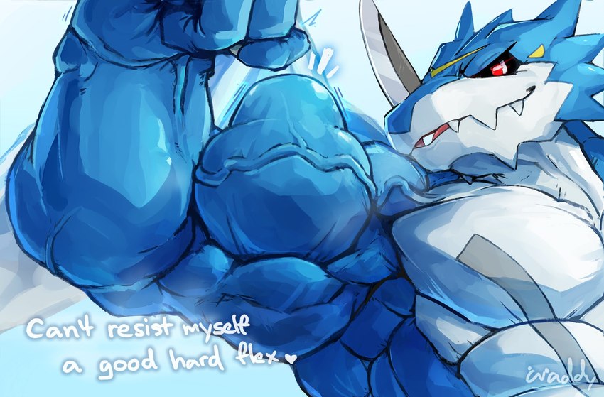 anthro biceps big_biceps big_muscles flexing flexing_bicep male muscular muscular_male pecs solo vein veiny_muscles waddledox bandai_namco digimon digimon_(species) exveemon hi_res